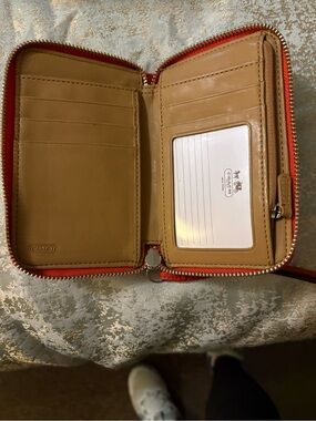 Coach Compact Zip Card Wallet in Tan with Red Trim